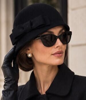 Kate Landry 100% Wool Black Cloche Hat beret Bow Retro Mod Jackie O Style winter